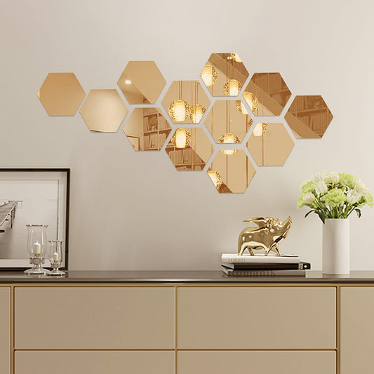 12-Piece Hexagon Gold Mirror Wall Stickers (4x4 inch)