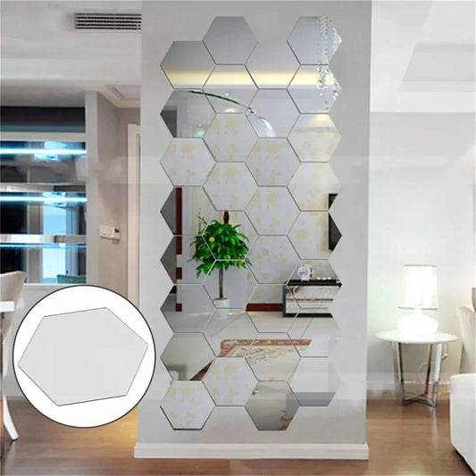 12 Pcs Acrylic Hexagon wall decor Mirror Silver (4x4 inch)