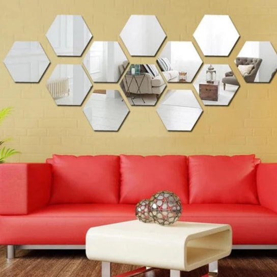 12 Pcs Acrylic Hexagon wall decor Mirror Silver (4x4 inch)