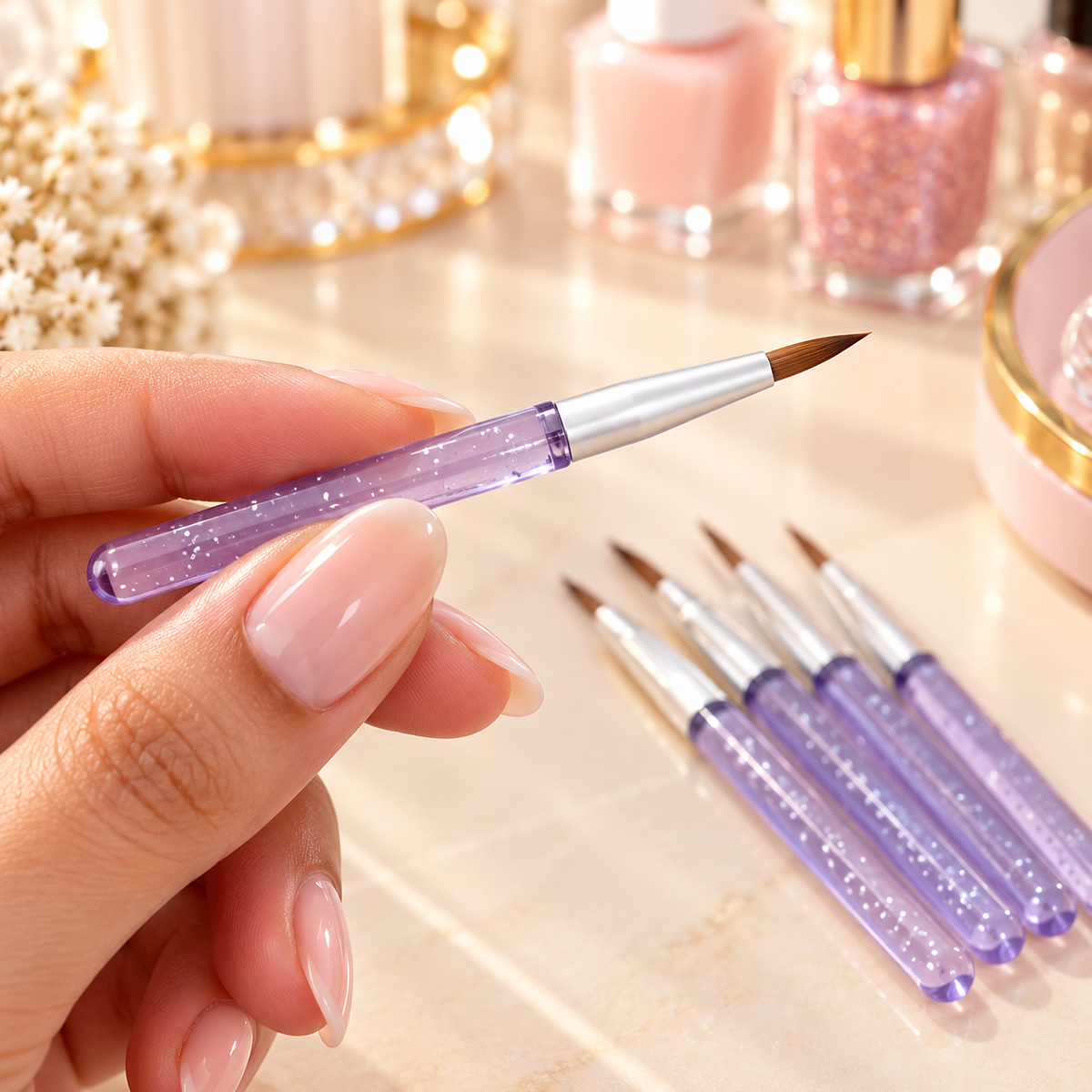 5Pcs Mini Fine Tip Makeup Brushes Purple Sparkle Handle Set