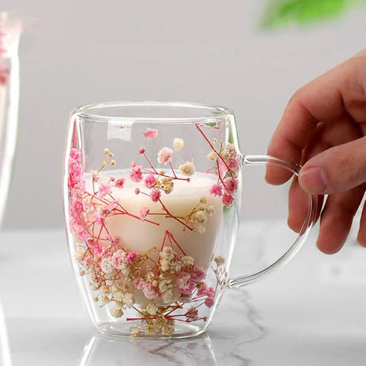 Aesthetic Double-Wall Glass Cup with Dried Flowers – Premium Drinkware