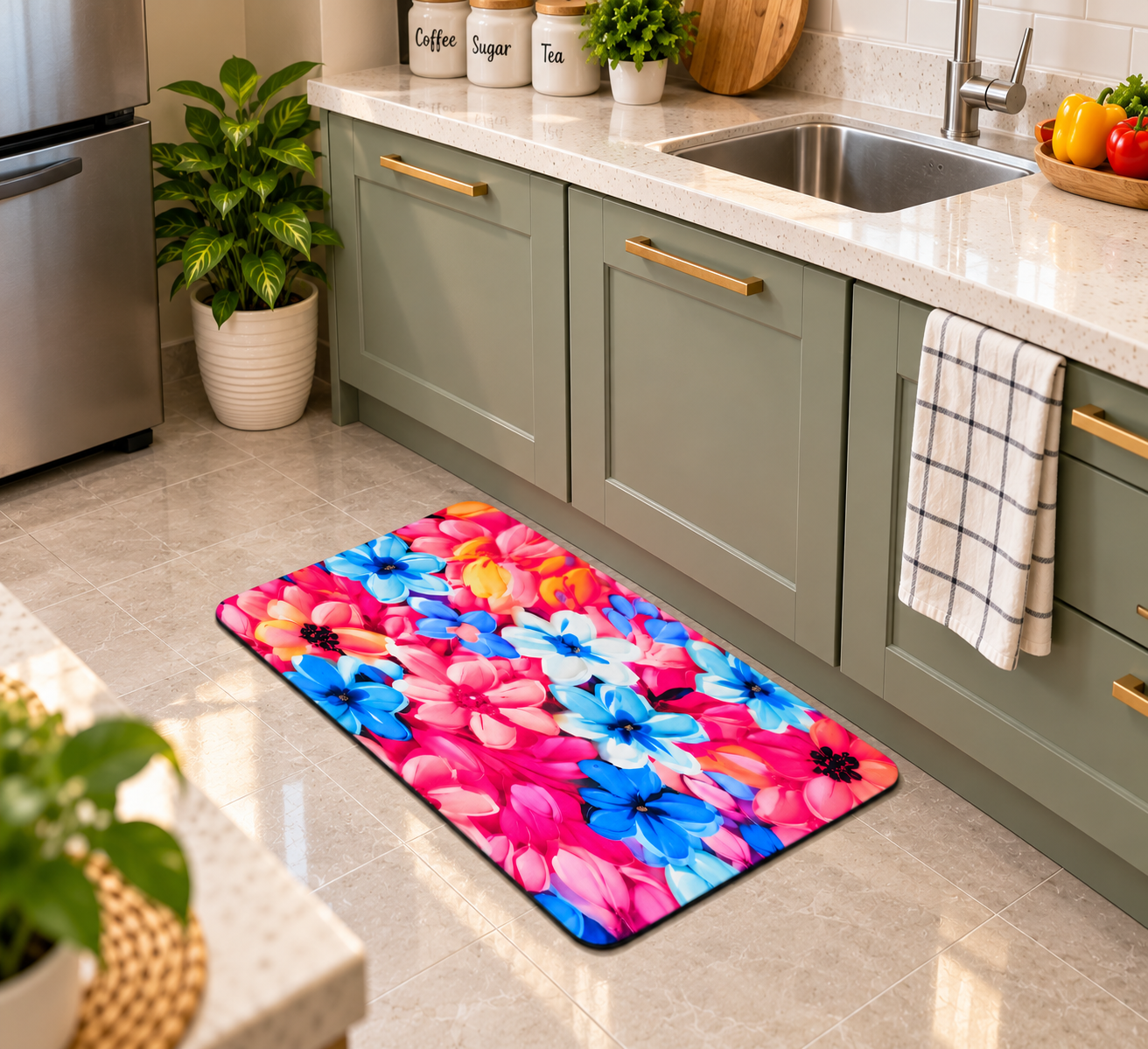 Beautiful Flower Design Floor Mat – Colorful Anti-Slip Mat for Entryway & Bedroom