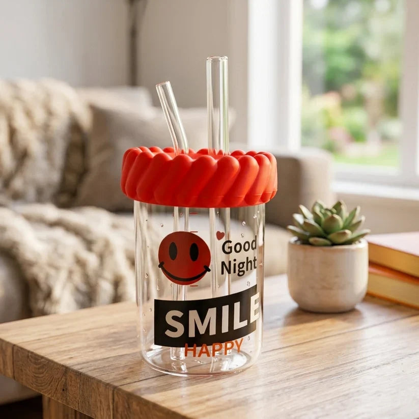 Glass Sipper Bottle With Dual Straws Random Print Drinking Cup