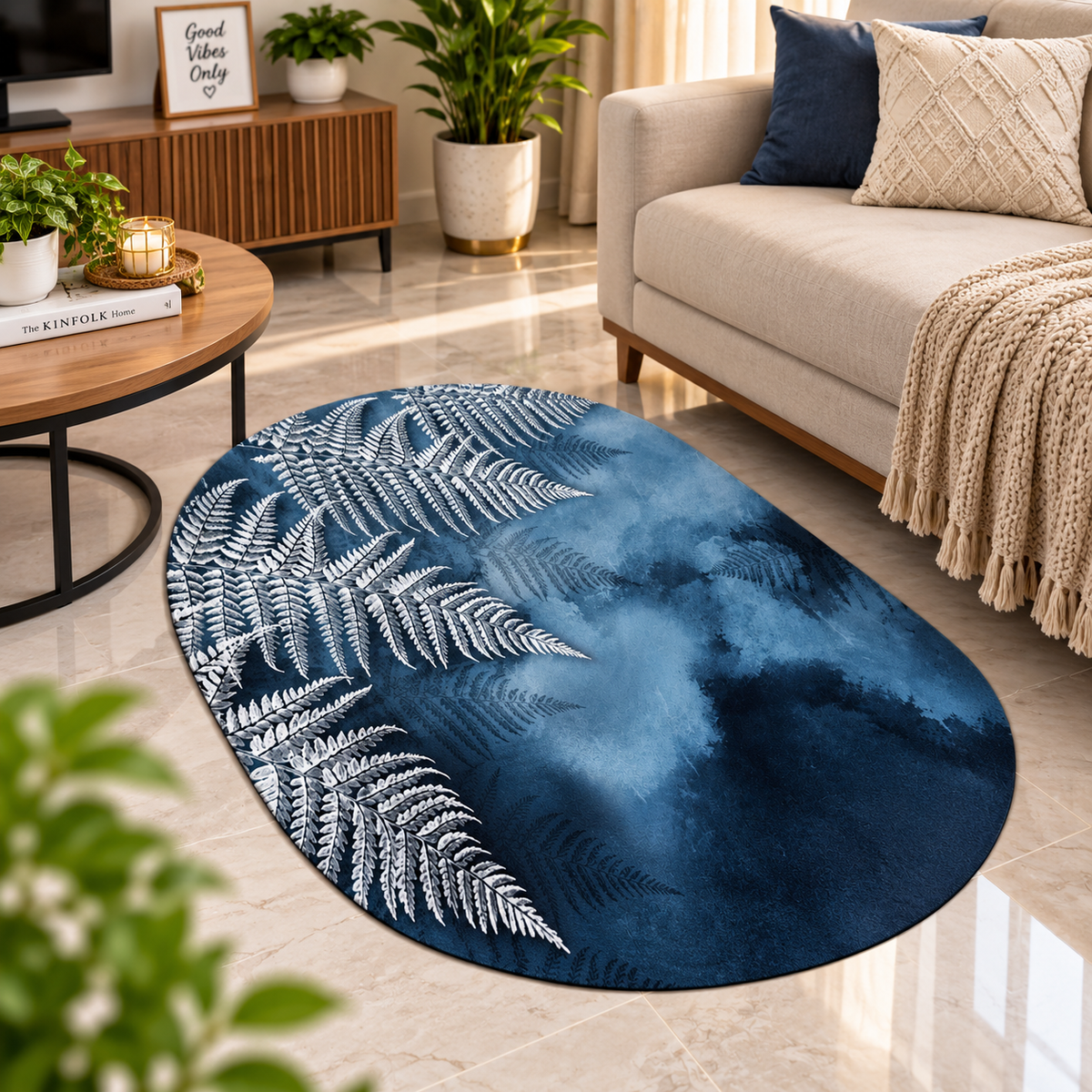 Modern Blue Leaf Floor Mat – Beautiful Botanical Design for Home & Office