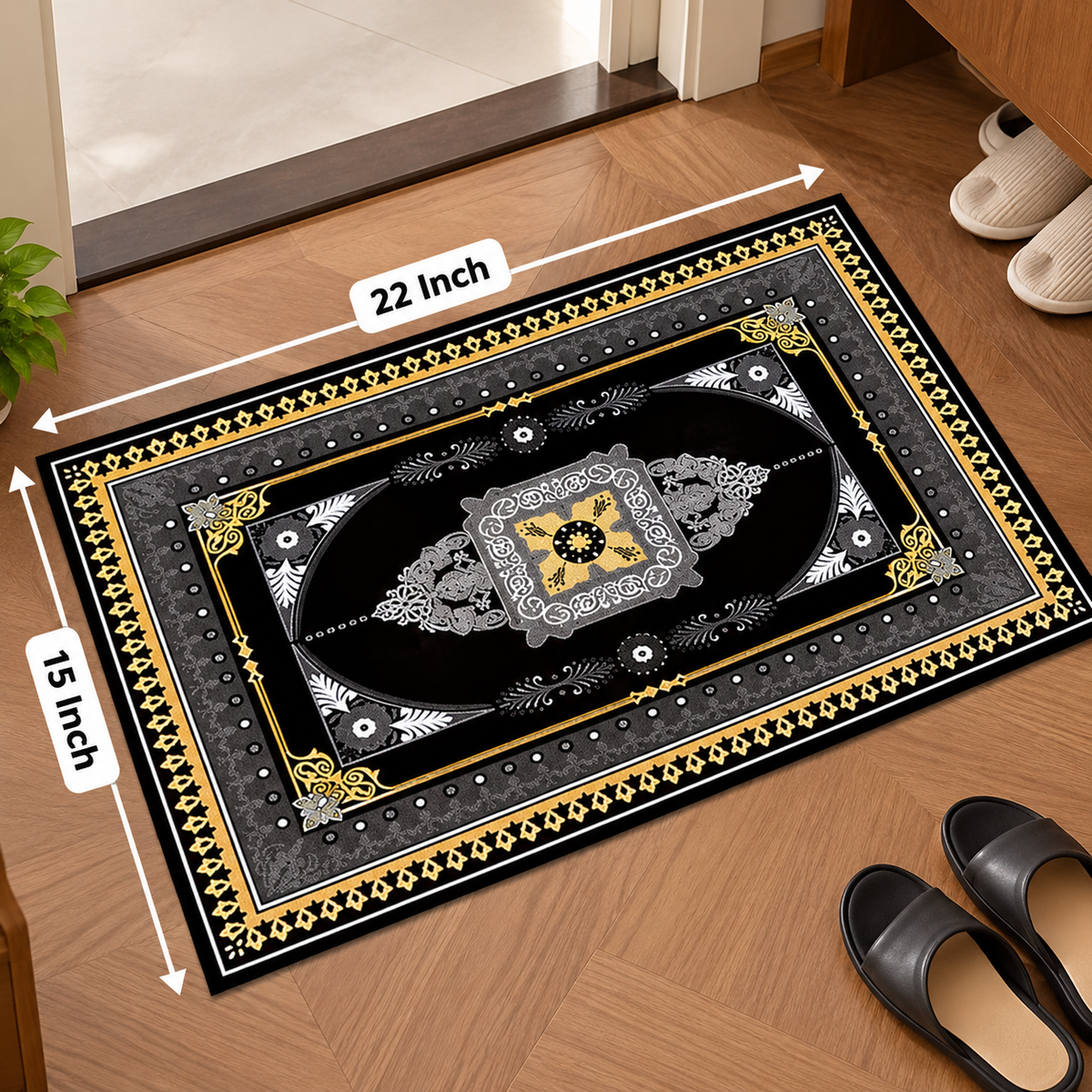 Ornamental Black Gold Floor Mat – 22x15 Inch Elegant Decorative Mat