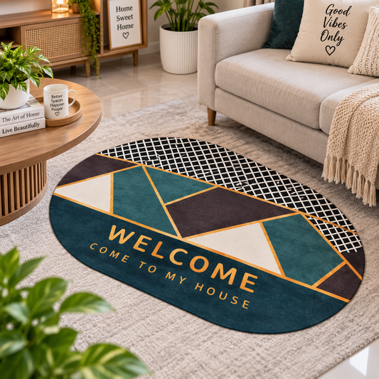 Teal & Gold Geometric Floor Mat – Stylish Decorative Mat for Home Entrance