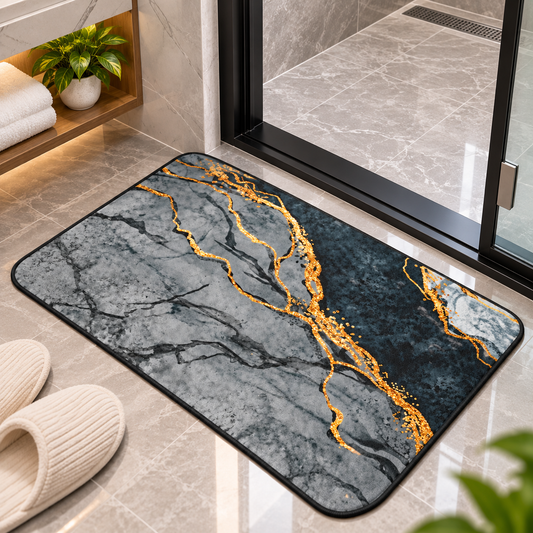 Abstract Marble Floor Mat Elegant Grey & Gold Design (22x15Inch)