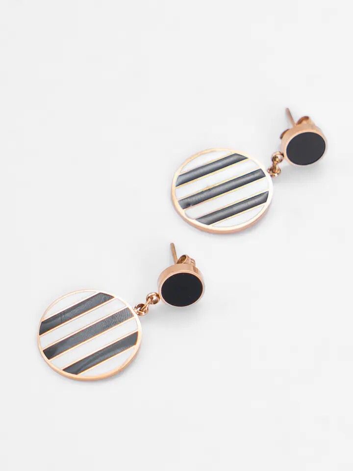 Black & White Stripes Round Golden Drop Earrings