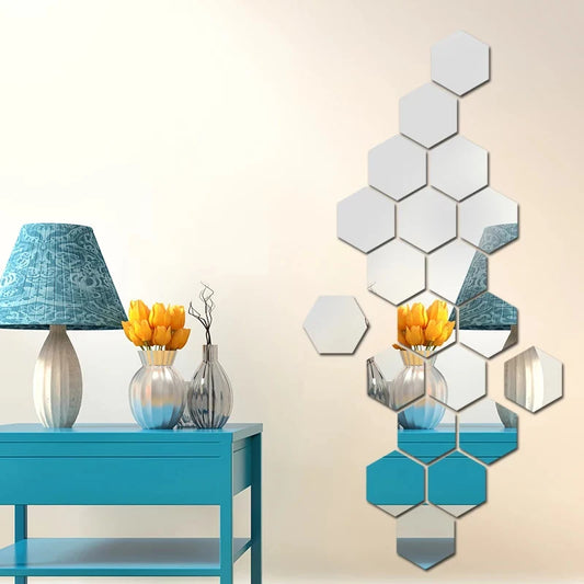 12 Pcs Acrylic Hexagon wall decor Mirror Silver  (4x4 inch)