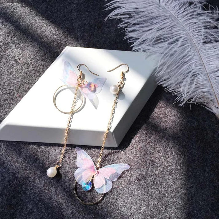 Asymmetry Butterfly Wings Pearl Drop Earrings