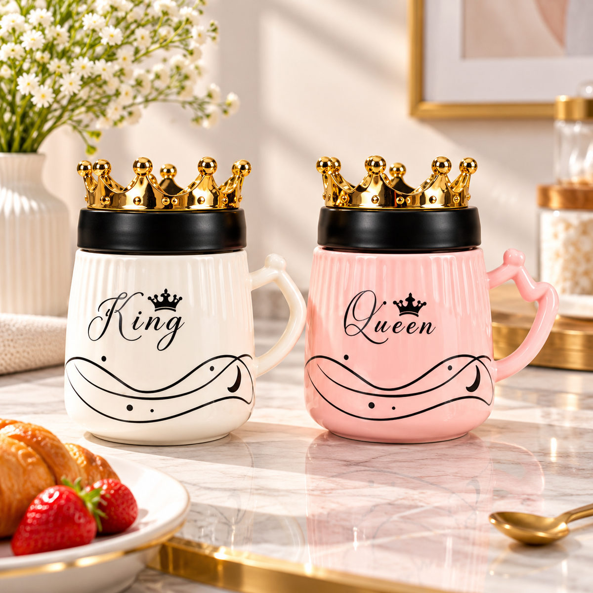 2Pcs King & Queen Ceramic Coffee Mug Set With Golden Crown Lids