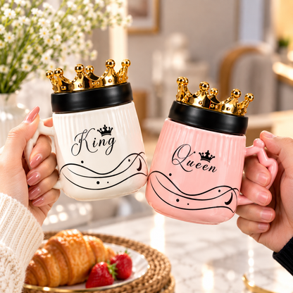 2Pcs King & Queen Ceramic Coffee Mug Set With Golden Crown Lids