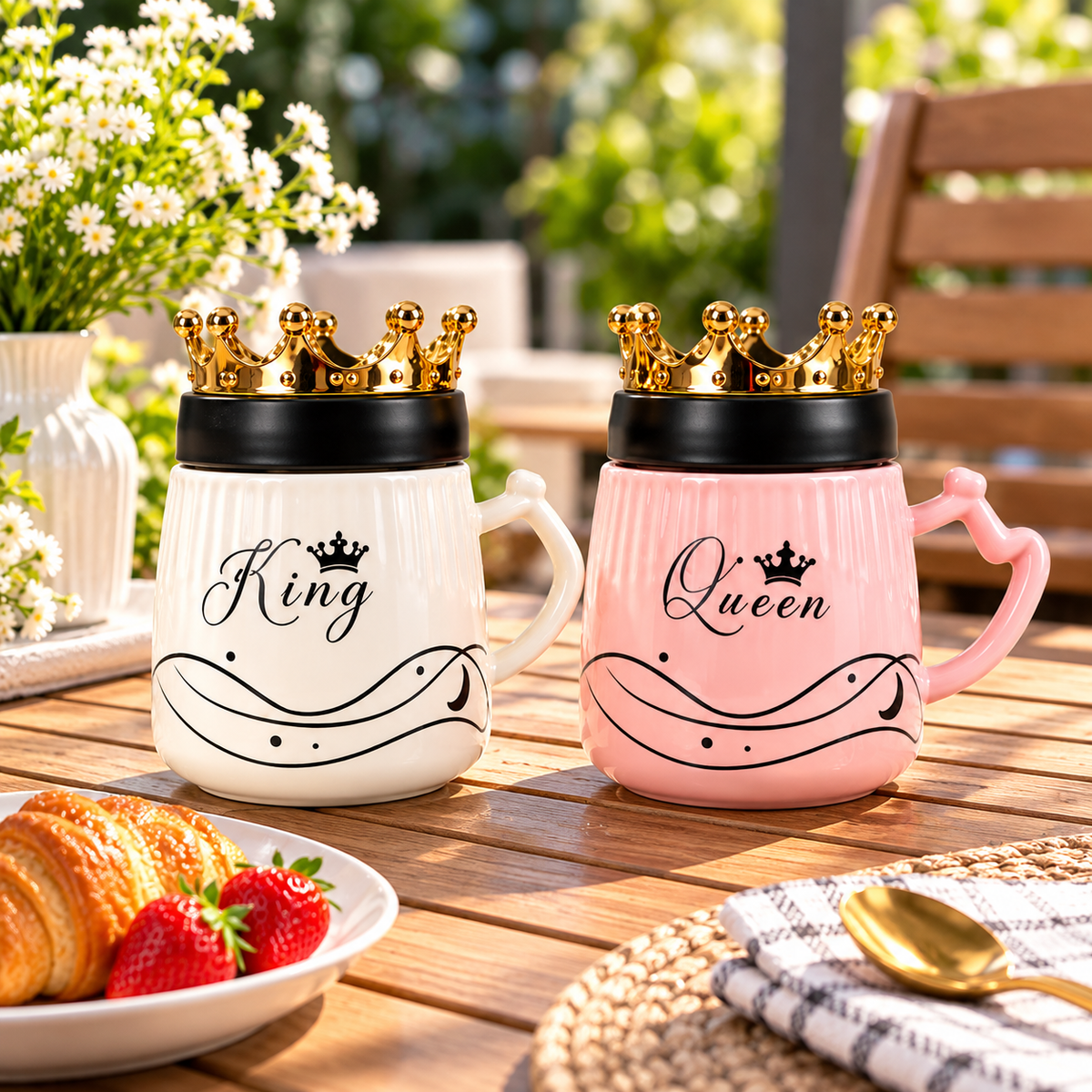 2Pcs King & Queen Ceramic Coffee Mug Set With Golden Crown Lids