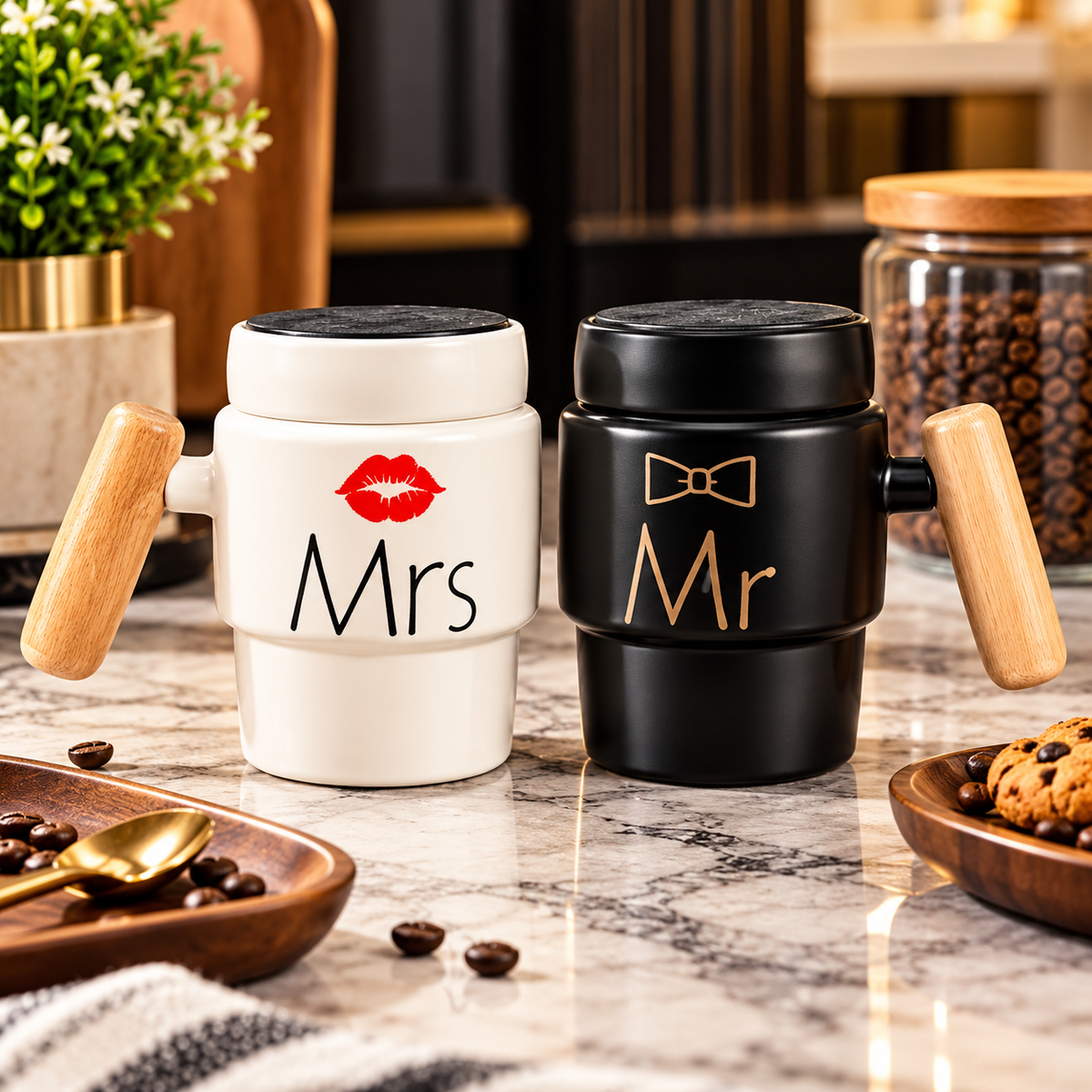 2Piece Couple Mug Set Ceramic Mr & Mrs Coffee Cups With Decorative Lids