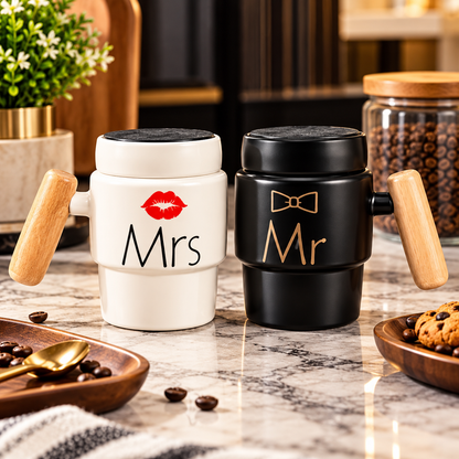 2Piece Couple Mug Set Ceramic Mr & Mrs Coffee Cups With Decorative Lids