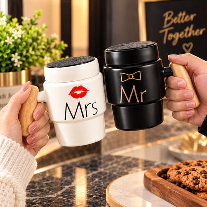 2Piece Couple Mug Set Ceramic Mr & Mrs Coffee Cups With Decorative Lids