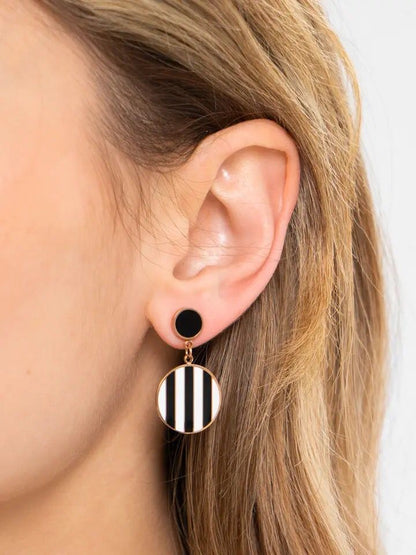 Black & White Stripes Round Golden Drop Earrings