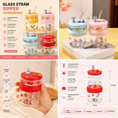 400ML Cute Character Glass Sipper – Reusable Water Cup with Straw