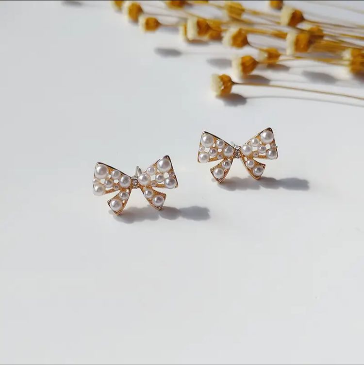 Pearl Rhinestone Bow Earrings