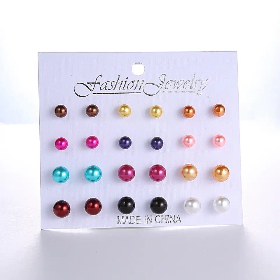 12 Pairs Colorful Simulated Pearl Earrings Set