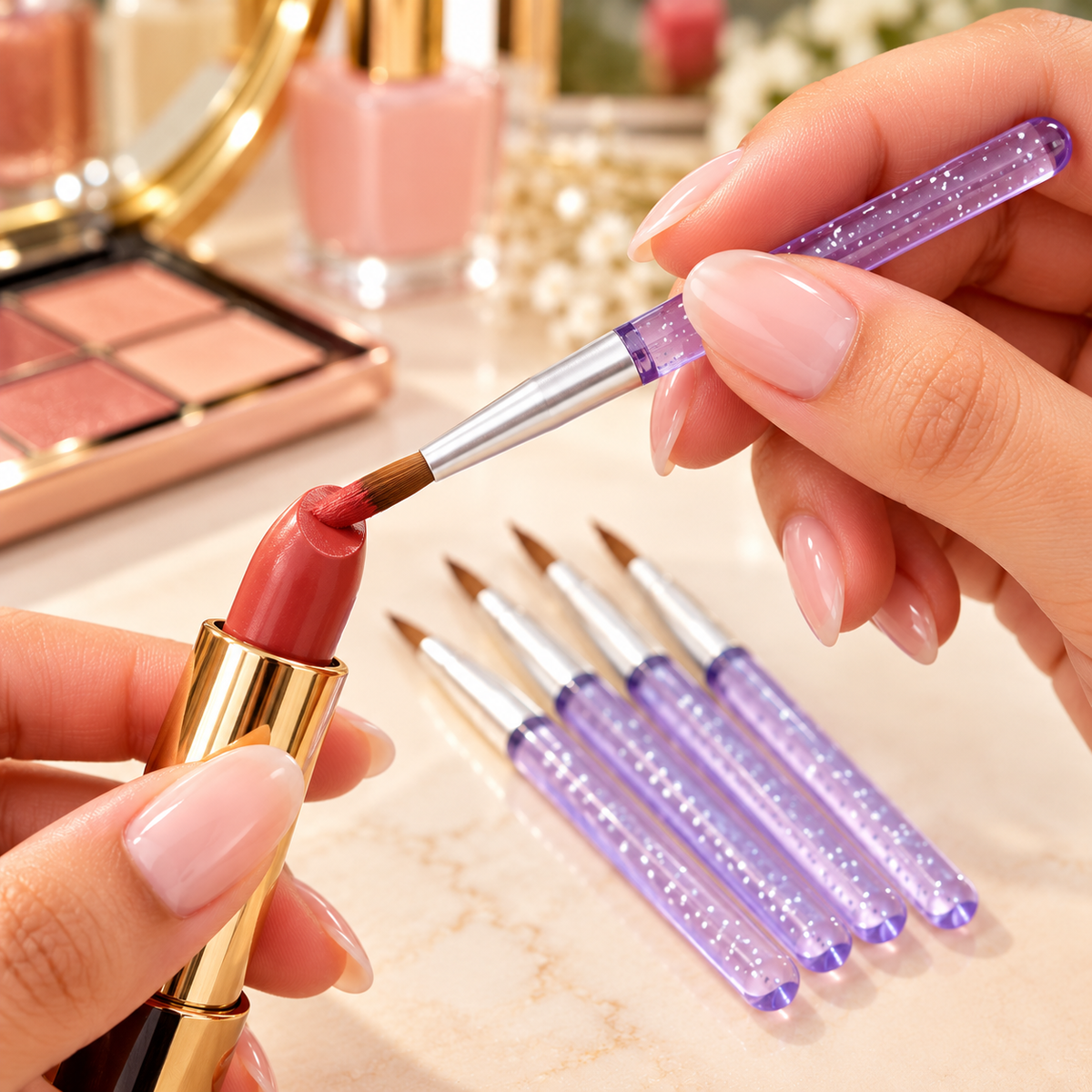 5Pcs Mini Fine Tip Makeup Brushes Purple Sparkle Handle Set