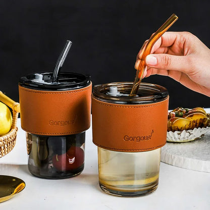 Slub Glass Smoothie Cup with Straw and Leather Cover