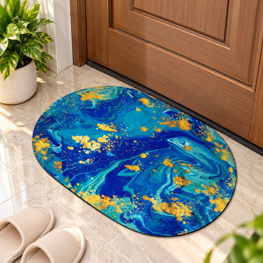 Blue & Gold Marble Oval Floor Mat Modern Decorative Rug (22x15Inch)