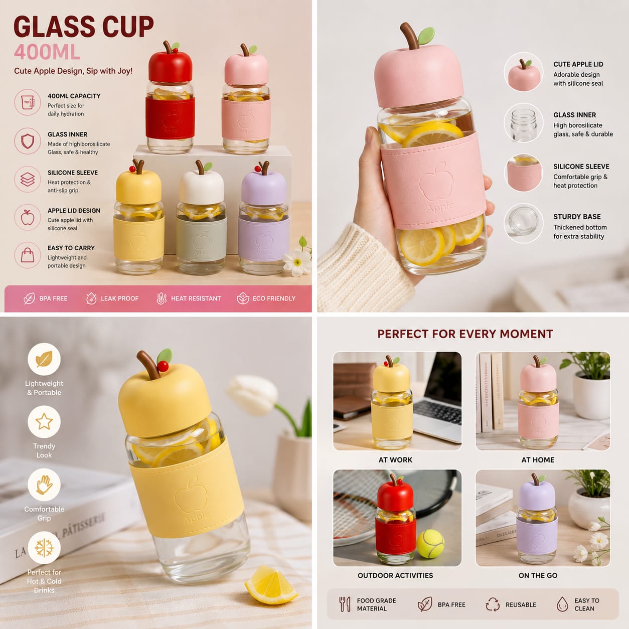Aesthetic Apple Design Water Bottle – 400ML Borosilicate Glass Bottle