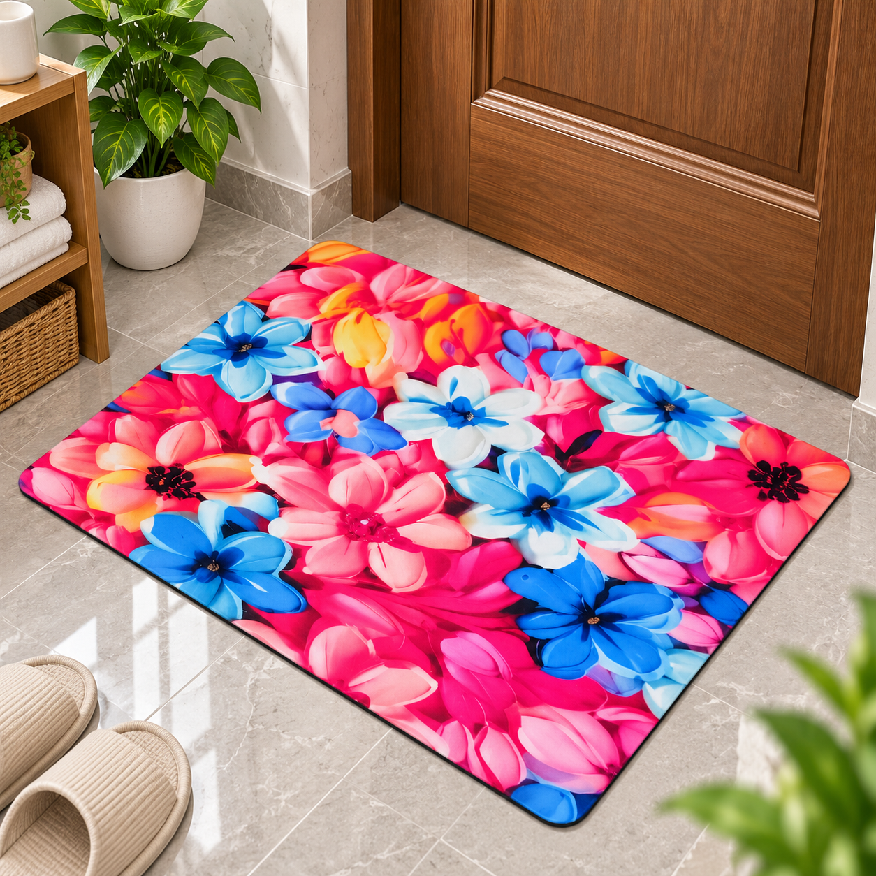 Beautiful Flower Design Floor Mat – Colorful Anti-Slip Mat for Entryway & Bedroom