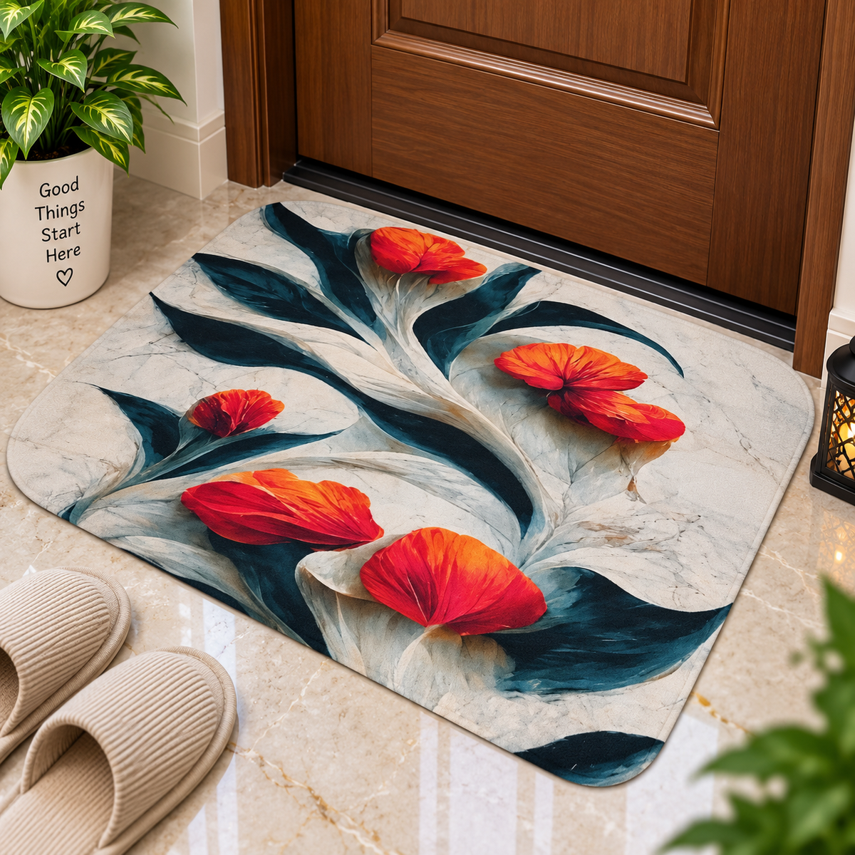 Beautiful Orange Flower Floor Mat – Stylish Botanical Design for Home Interiors