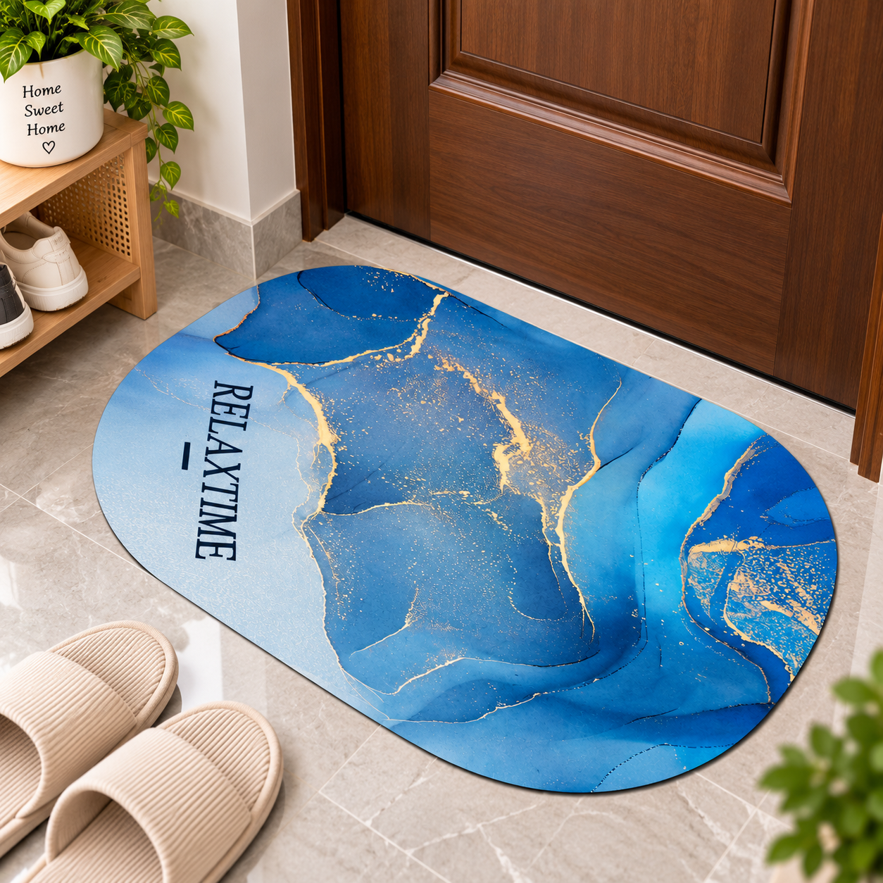 Blue Abstract Marble Mat – Modern Floor Decor for Bathroom, Bedroom & Living Space
