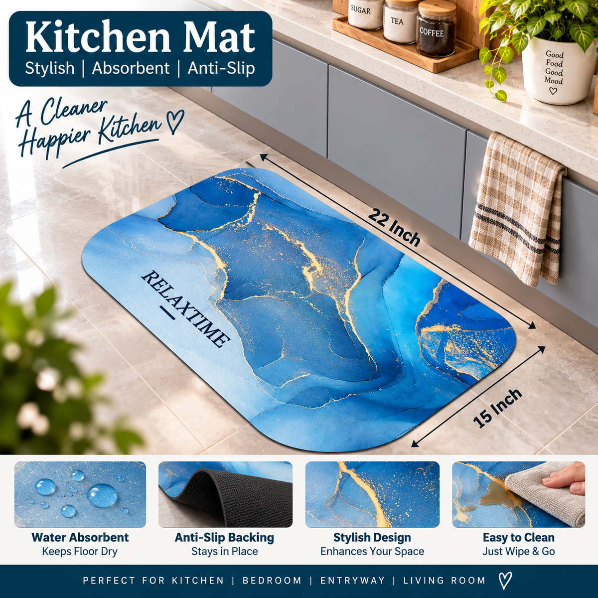 Blue Abstract Marble Mat – Modern Floor Decor for Bathroom, Bedroom & Living Space
