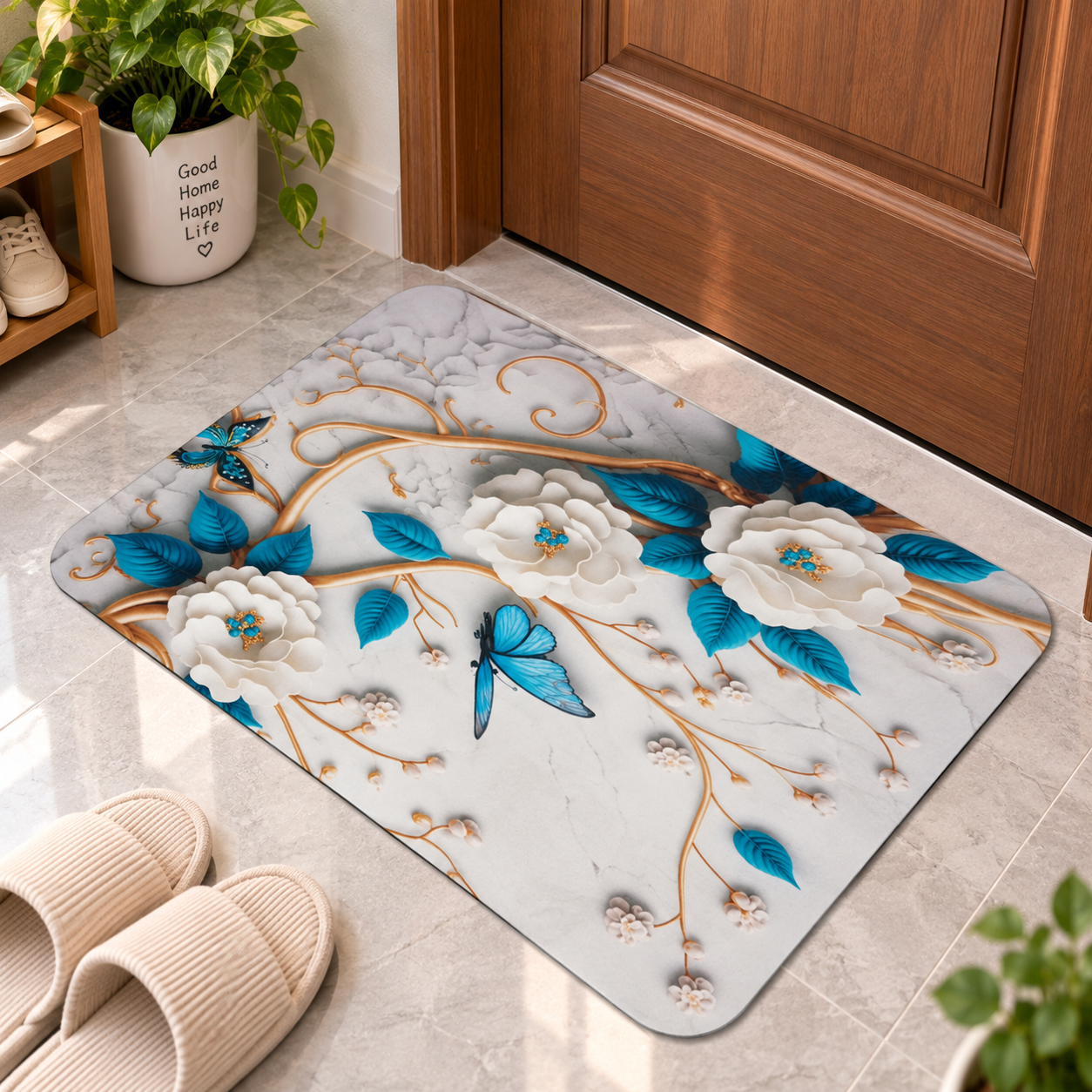 Blue Flower Printed Floor Mat – Decorative Anti-Slip Mat for Everyday Use