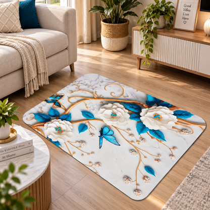 Blue Flower Printed Floor Mat – Decorative Anti-Slip Mat for Everyday Use