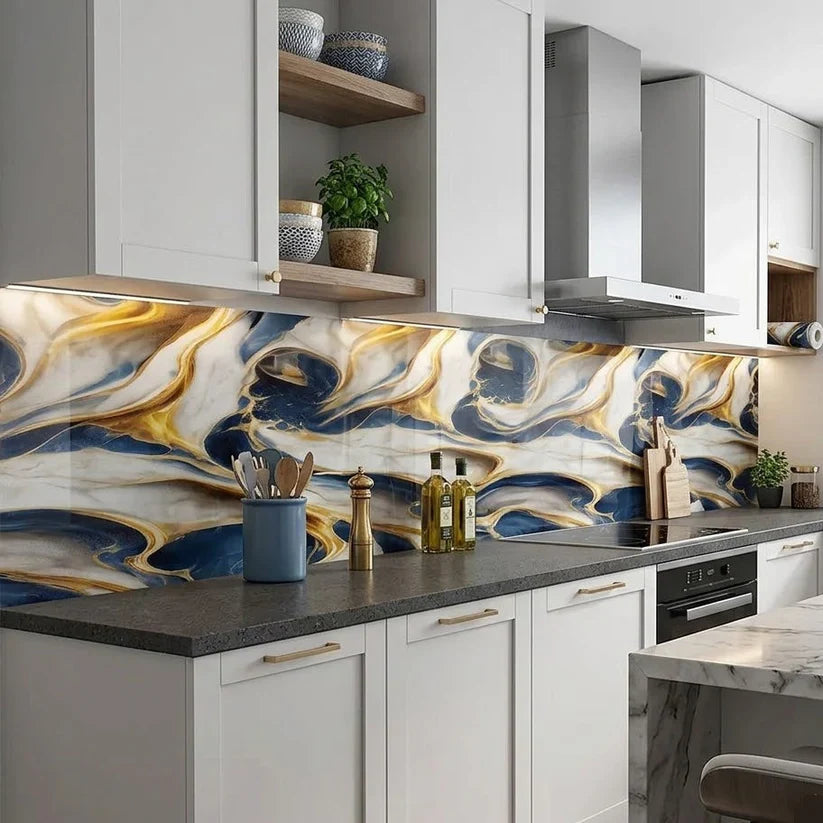 Blue & Golden Marble Peel and Stick Wallpaper Roll (60cm x 2m)