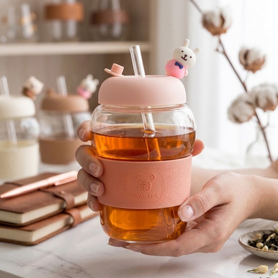 Borosilicate Glass Sipper 400ML – Cute Bear Lid, Glass Straw & Silicone Cover