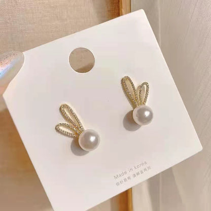 Classic Imitation Pearl Strange Rabbit Ear Stud Earrings