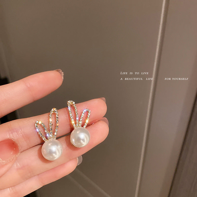 Classic Imitation Pearl Strange Rabbit Ear Stud Earrings