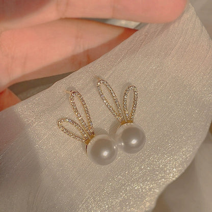 Classic Imitation Pearl Strange Rabbit Ear Stud Earrings