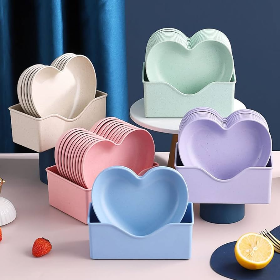 Colorful Heart Shaped Plates – 10Pcs Multipurpose Plate Set with Stand