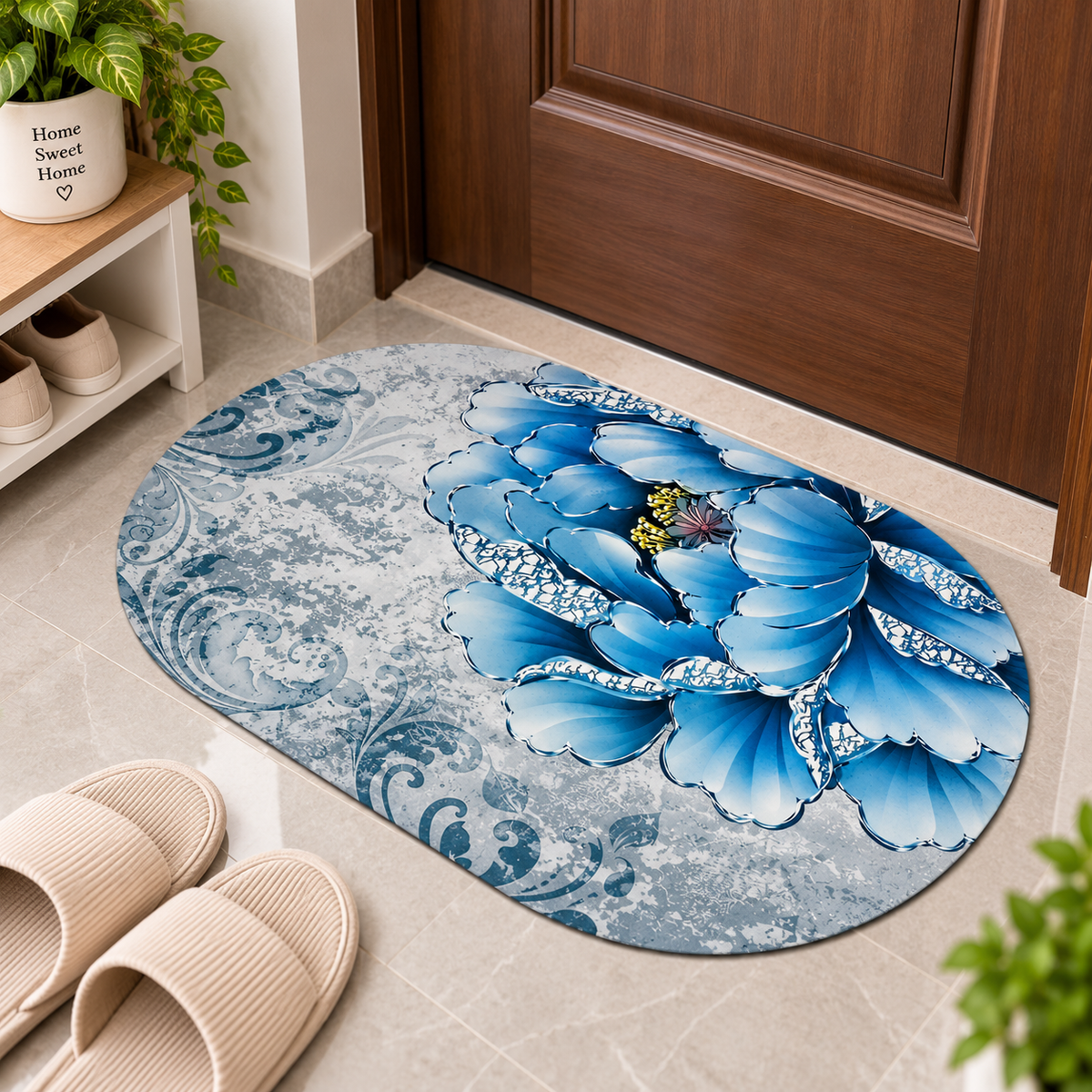 Elegant Floral Floor Mat – Round Blue Flower Design for Stylish Home Decor