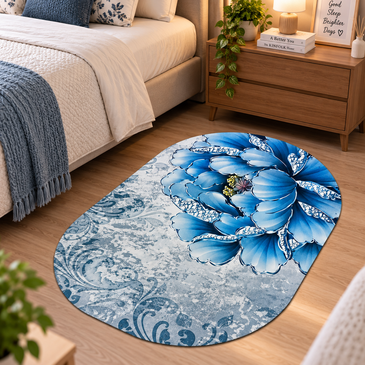 Elegant Floral Floor Mat – Round Blue Flower Design for Stylish Home Decor