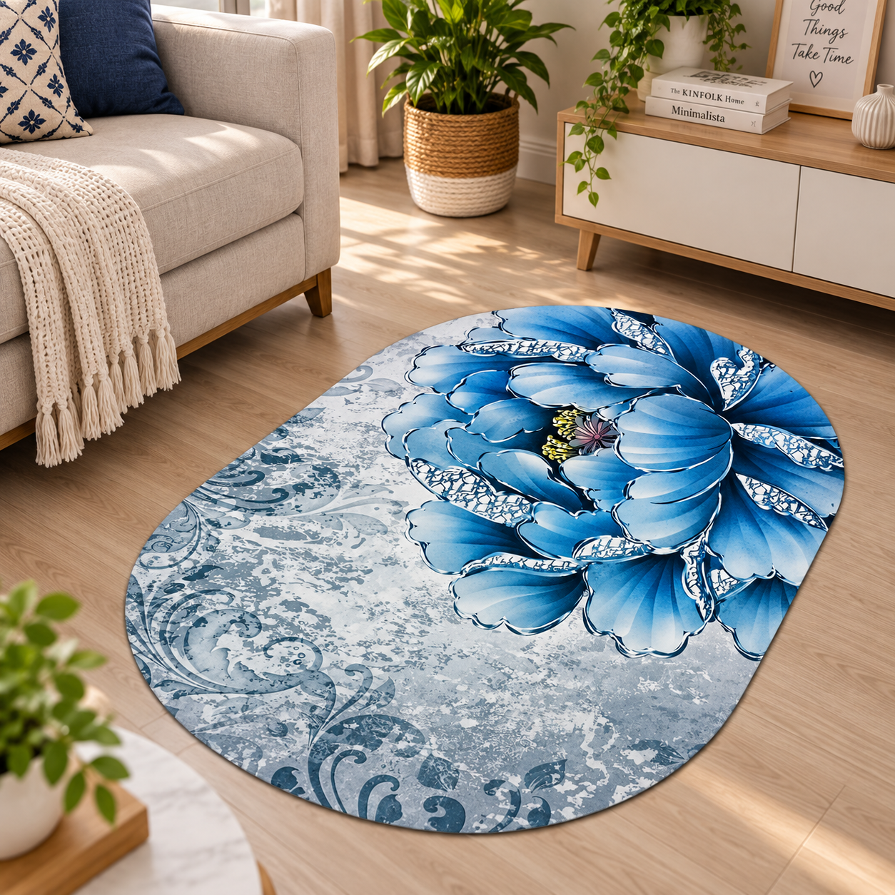 Elegant Floral Floor Mat – Round Blue Flower Design for Stylish Home Decor