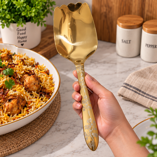 Elegant Golden Kitchen Serving Spoon ??Floral Design Stainless Steel Spoon