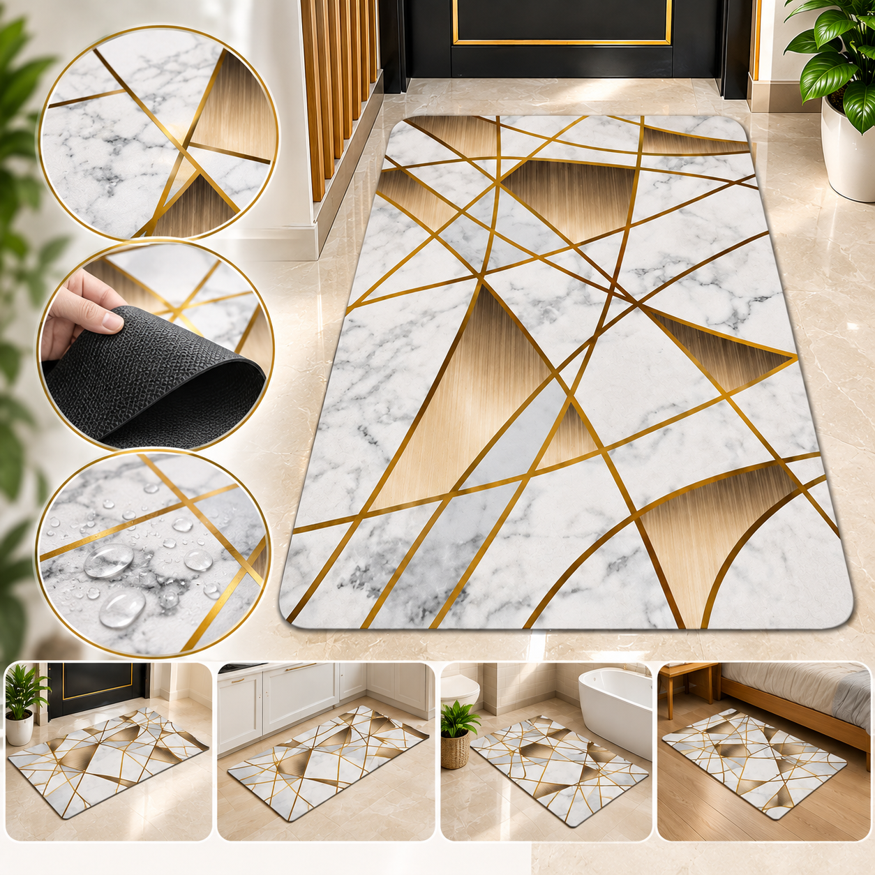 Elegant White & Gold Floor Mat – Premium Marble Pattern Decorative Mat for Home