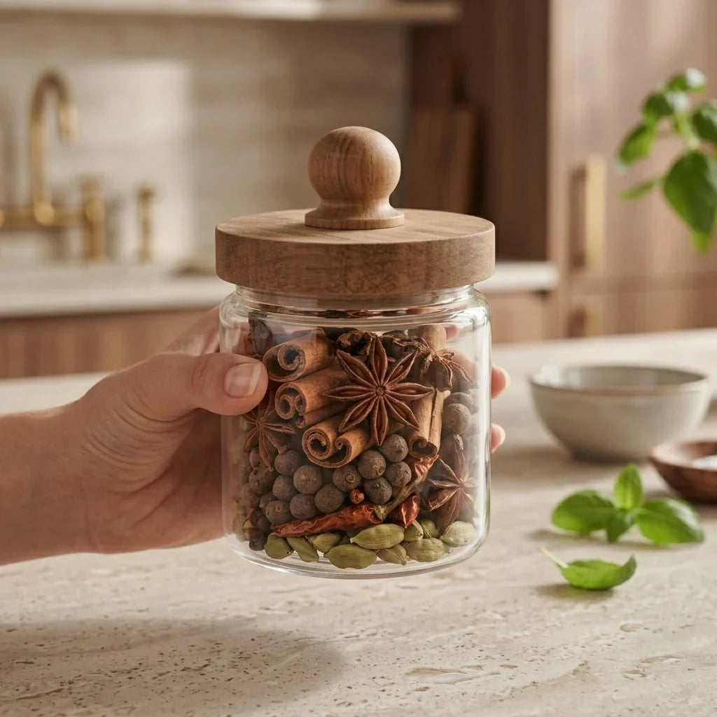 Glass Kitchen Canister with Wooden Cap – Stylish Storage Jar