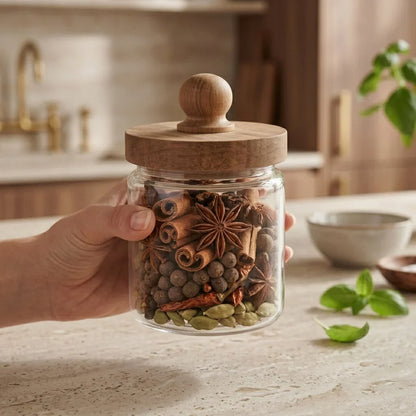 Glass Kitchen Canister with Wooden Cap – Stylish Storage Jar