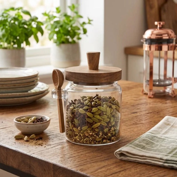 Glass Spice & Sugar Jar – Wooden Lid and Spoon Set