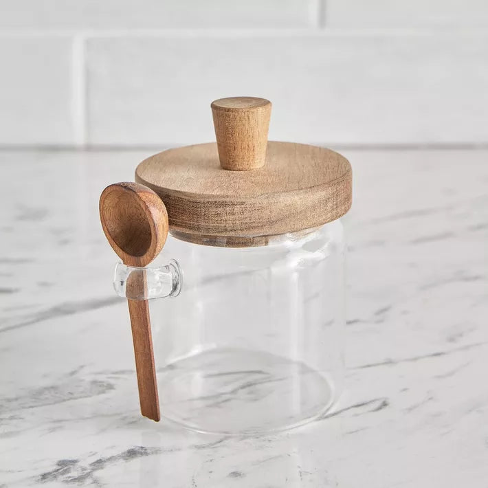 Glass Spice & Sugar Jar – Wooden Lid and Spoon Set