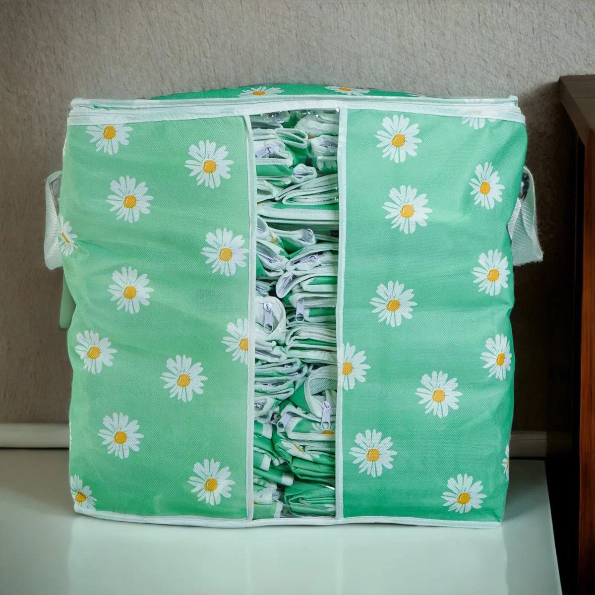 Green Floral Storage Bag – Ideal for Clothes, Blankets, Quilts & Bedding
